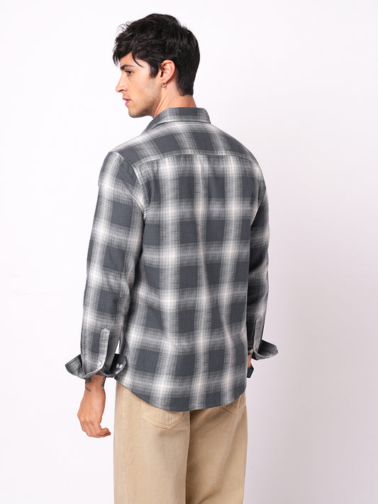 Premium Cotton Grey & White Box Checks Textured Shirt