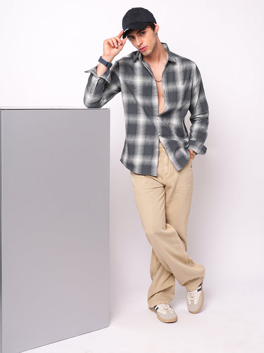 Premium Cotton Grey & White Box Checks Textured Shirt