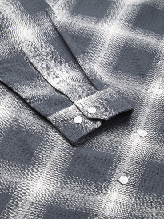 Premium Cotton Grey & White Box Checks Textured Shirt