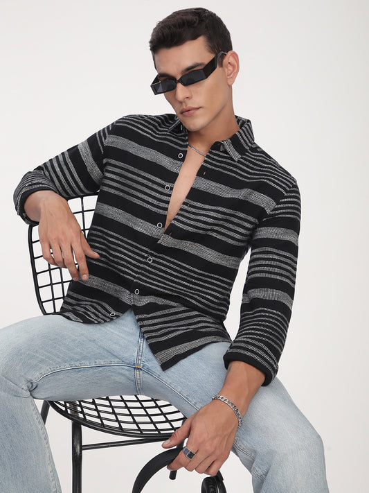 Premium Cotton Black & White Jacquard Striped Shirt