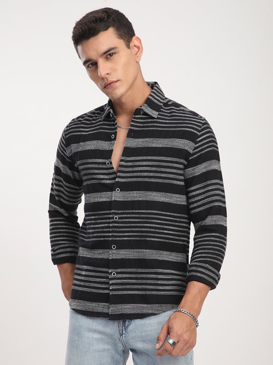 Premium Cotton Black & White Jacquard Striped Shirt