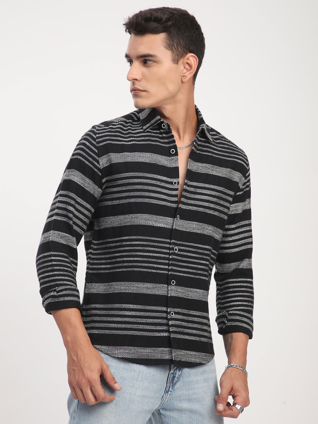 Premium Cotton Black & White Jacquard Striped Shirt