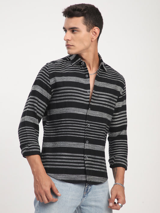 Premium Cotton Black & White Jacquard Striped Shirt