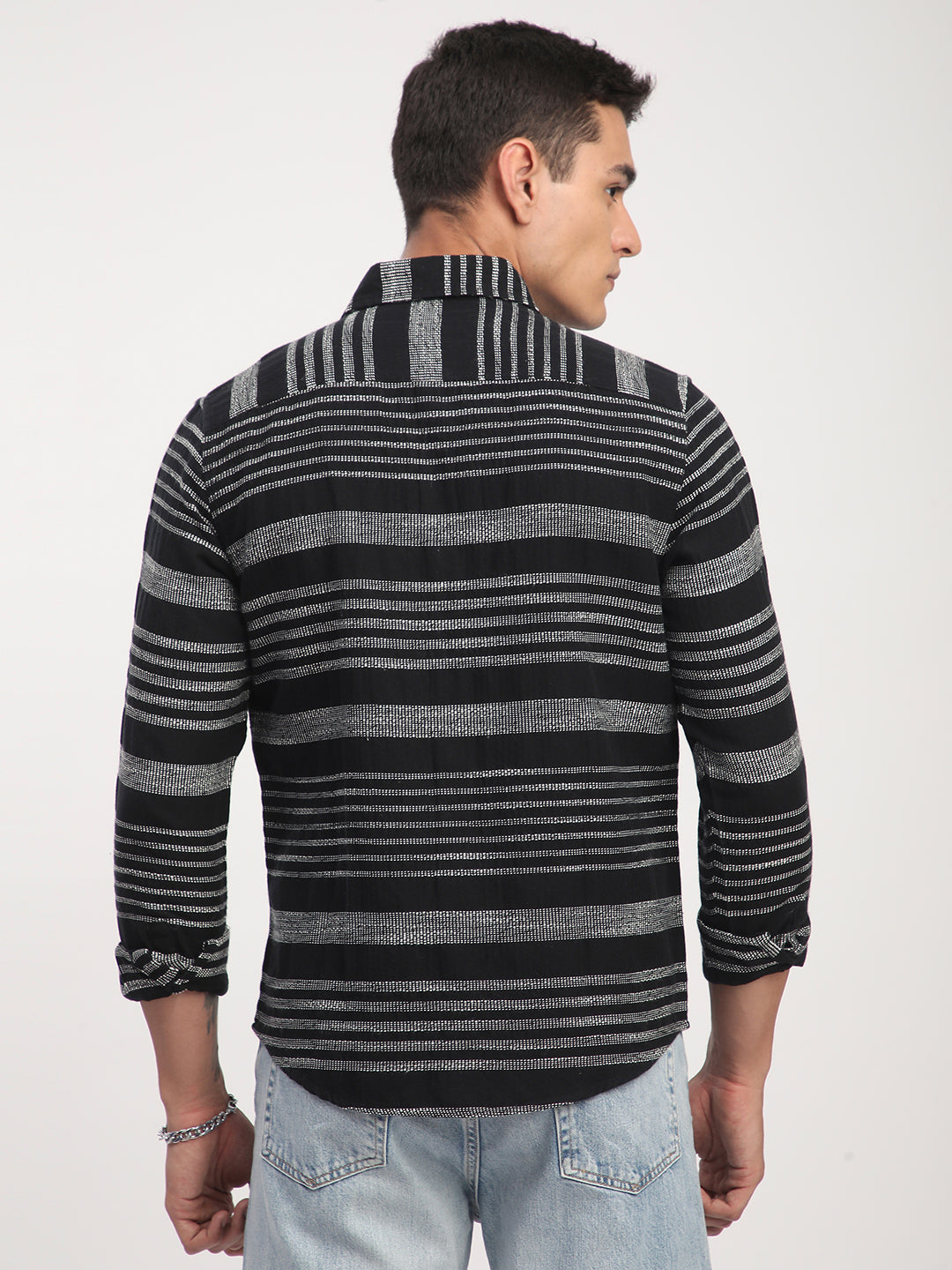 Premium Cotton Black & White Jacquard Striped Shirt