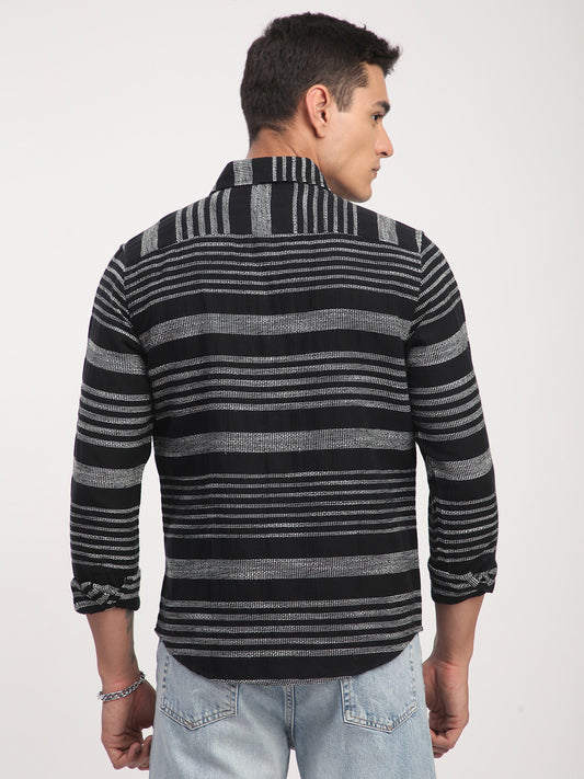 Premium Cotton Black & White Jacquard Striped Shirt