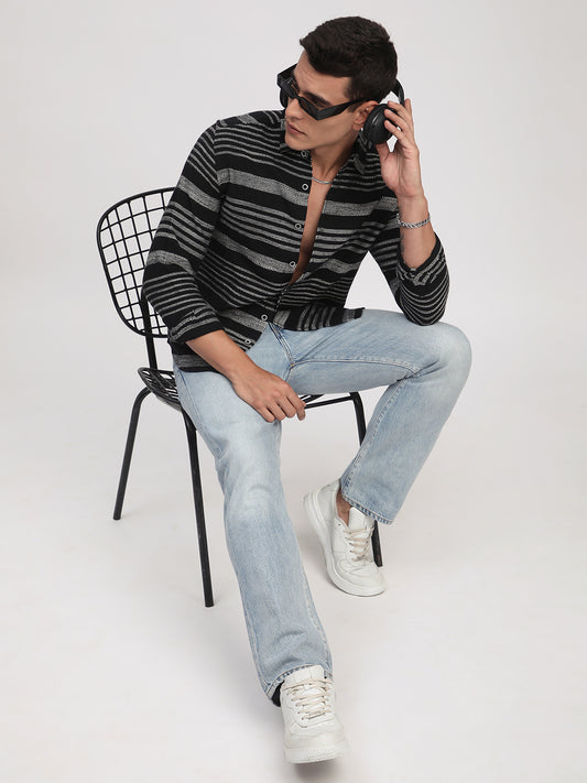Premium Cotton Black & White Jacquard Striped Shirt