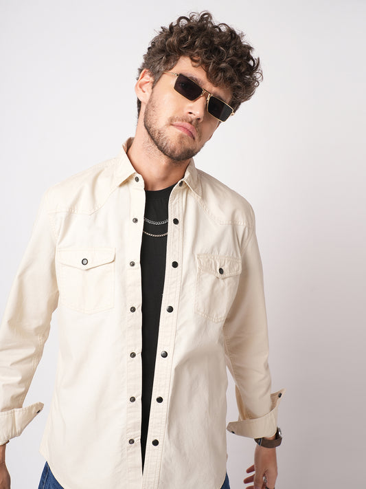 Elegant Beige Double Pocket Overshirt
