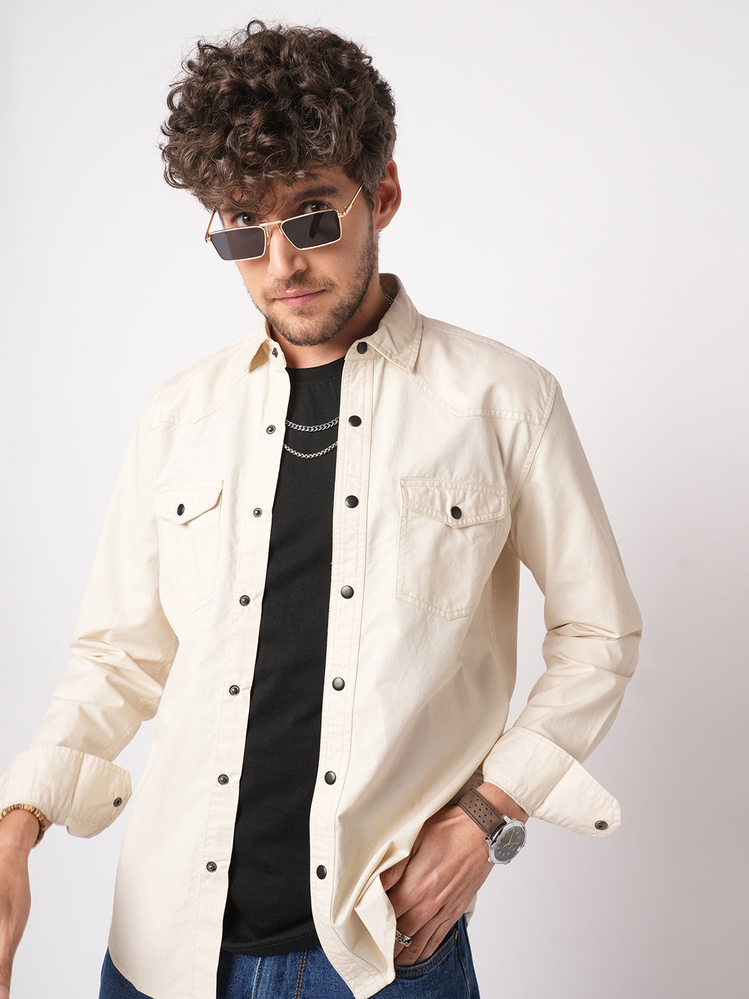 Elegant Beige Double Pocket Overshirt