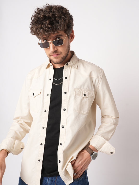 Elegant Beige Double Pocket Overshirt