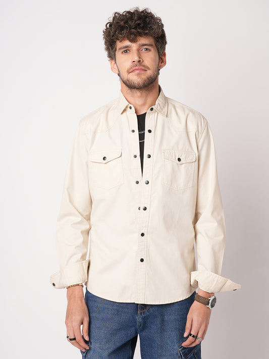 Elegant Beige Double Pocket Overshirt