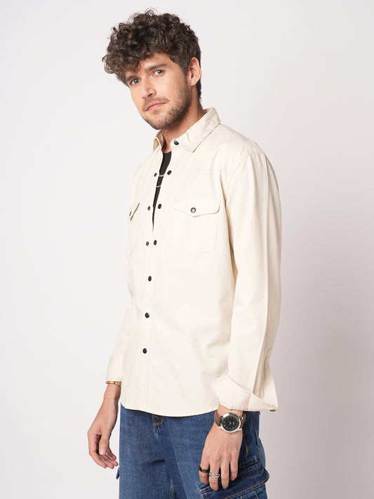 Elegant Beige Double Pocket Overshirt