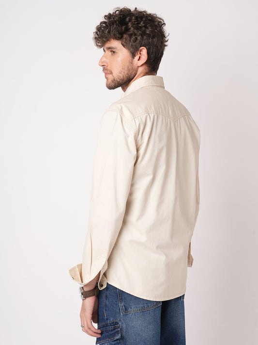 Elegant Beige Double Pocket Overshirt
