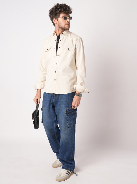 Elegant Beige Double Pocket Overshirt