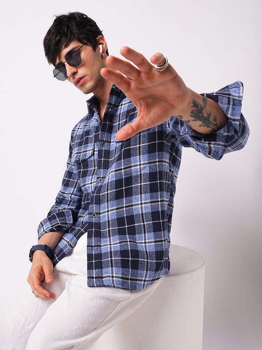 Blue Tartan Checkered Double Pocket Flannel Overshirt