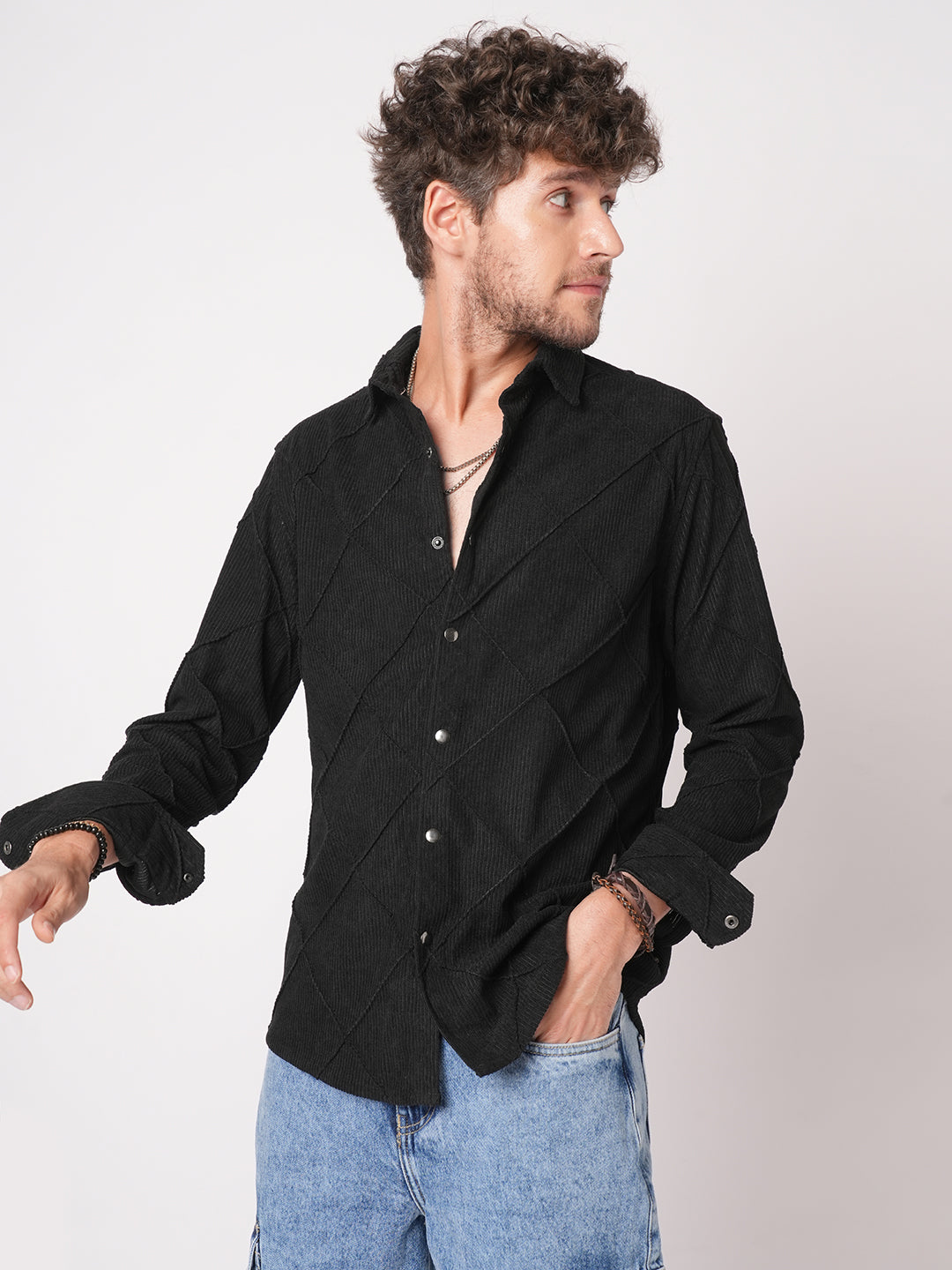 Black Nightline Diamond Stitch Corduroy Shirt