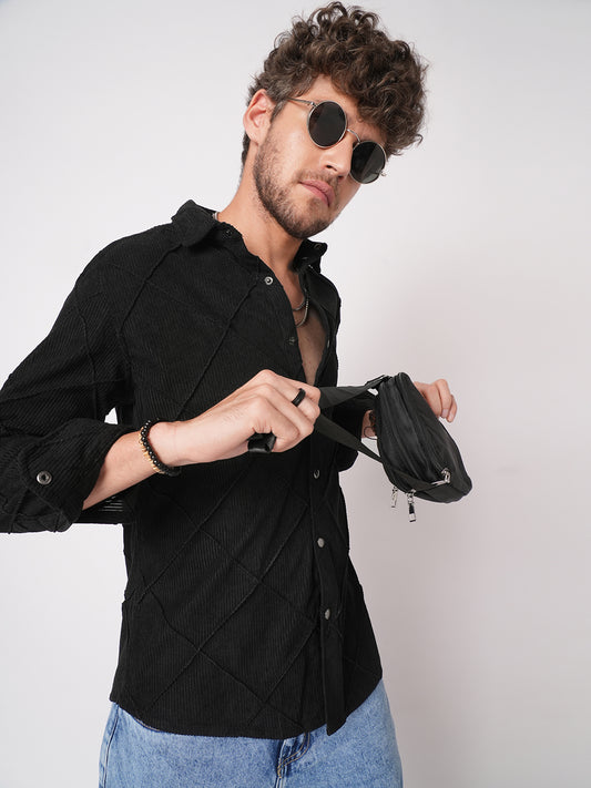 Black Nightline Diamond Stitch Corduroy Shirt