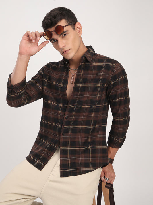 Premium Cotton Black & Dark Brown Obscura Checks Shirt