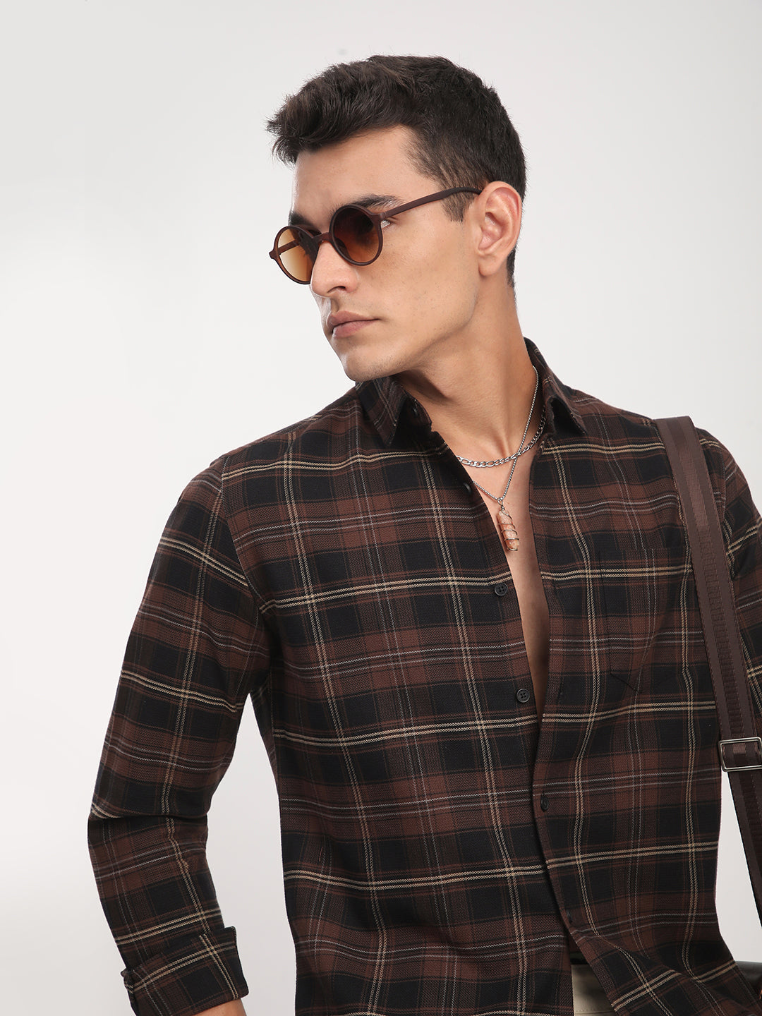 Premium Cotton Black & Dark Brown Obscura Checks Shirt