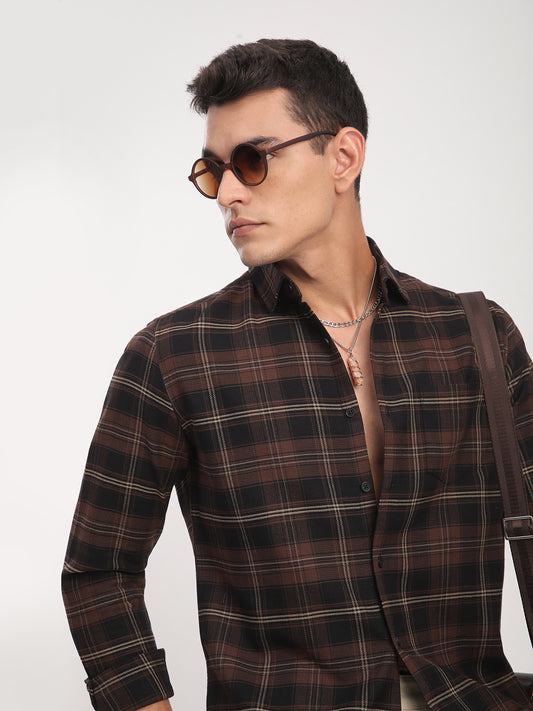 Premium Cotton Black & Dark Brown Obscura Checks Shirt