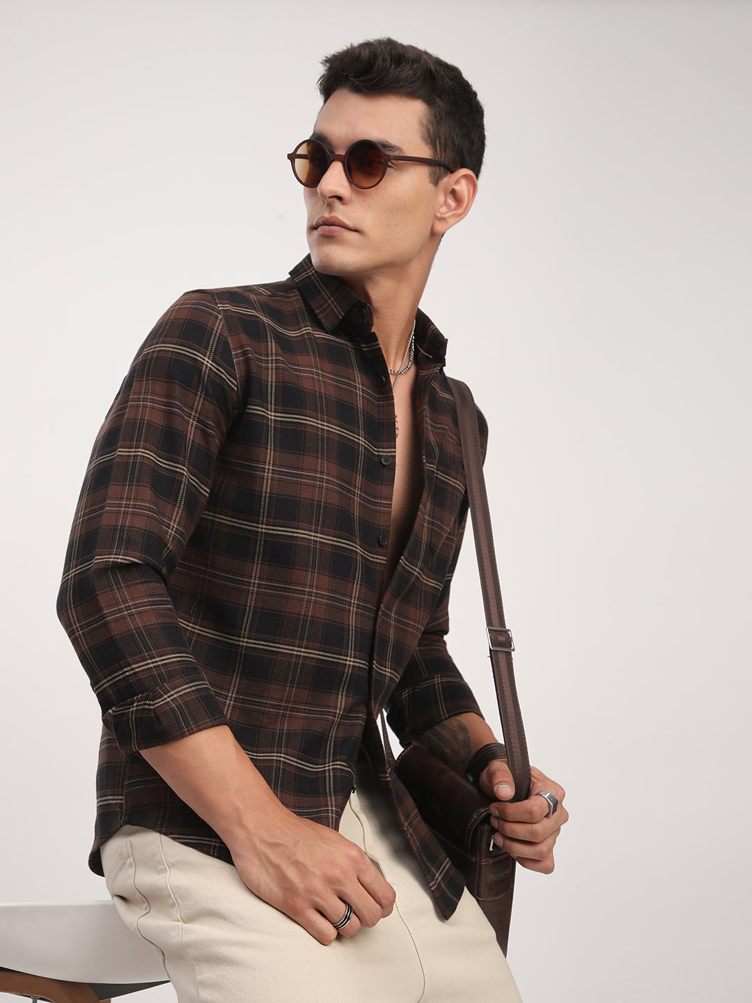 Premium Cotton Black & Dark Brown Obscura Checks Shirt