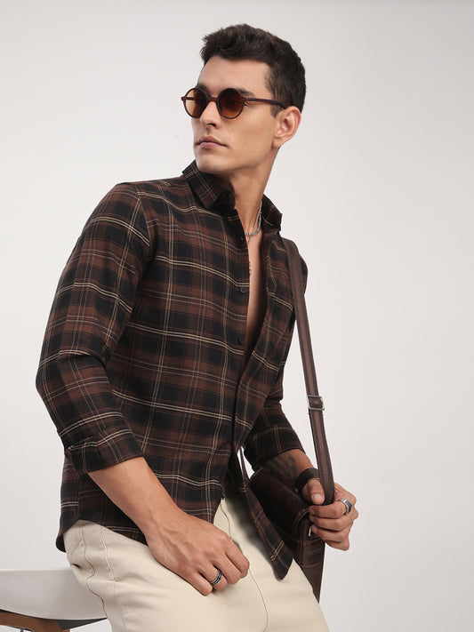Premium Cotton Black & Dark Brown Obscura Checks Shirt