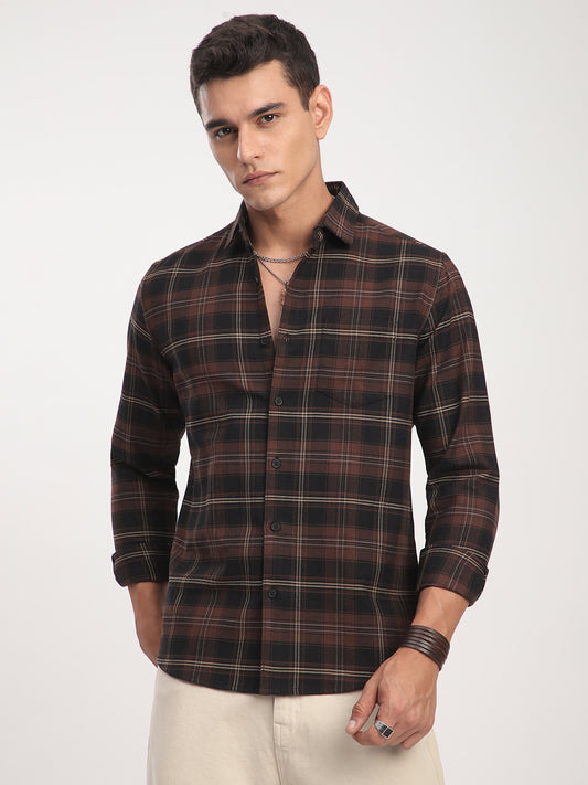 Premium Cotton Black & Dark Brown Obscura Checks Shirt