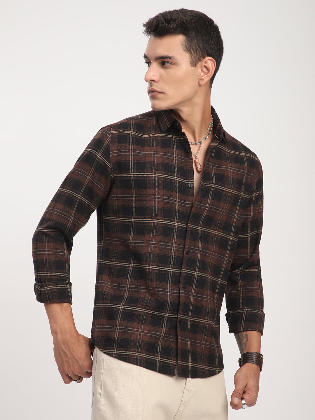 Premium Cotton Black & Dark Brown Obscura Checks Shirt