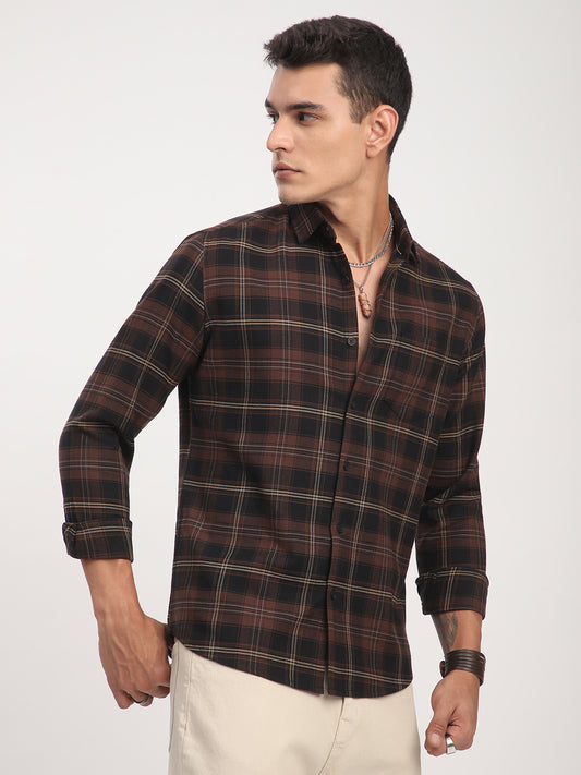 Premium Cotton Black & Dark Brown Obscura Checks Shirt