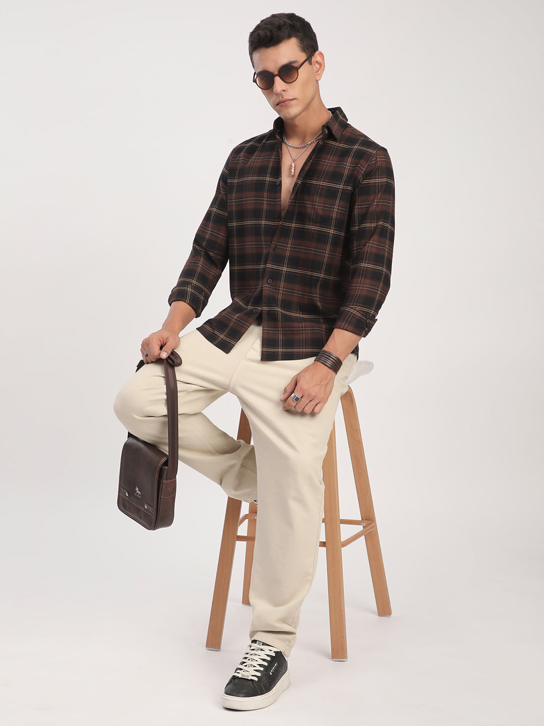 Premium Cotton Black & Dark Brown Obscura Checks Shirt