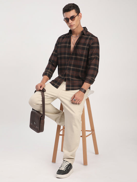 Premium Cotton Black & Dark Brown Obscura Checks Shirt