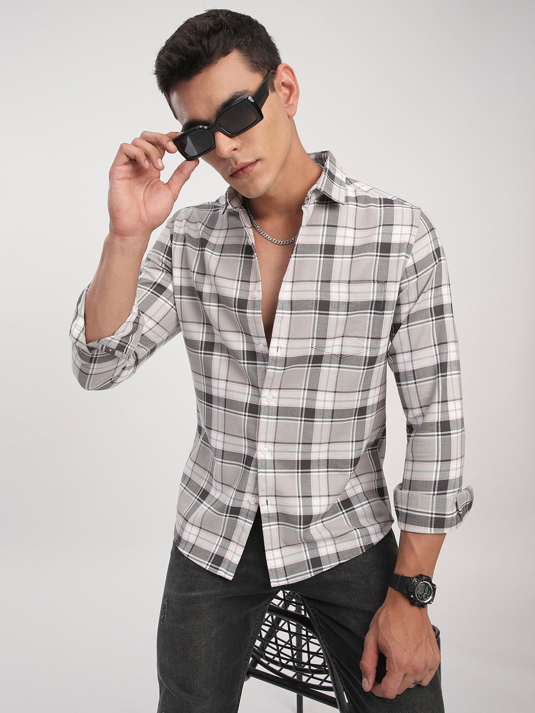 Grey Elegant Plaid Checks Shirt