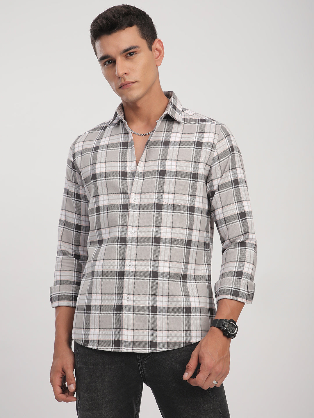 Grey Elegant Plaid Checks Shirt