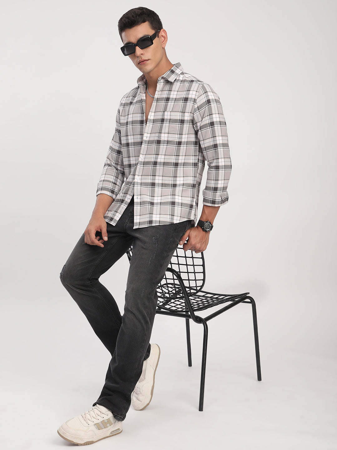 Grey Elegant Plaid Checks Shirt