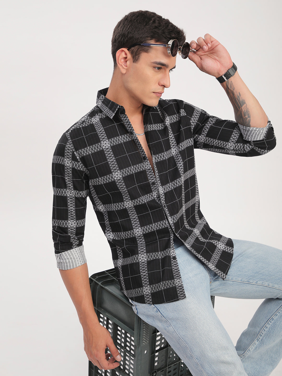 Ink Black Glyphs Grid Checks Shirt