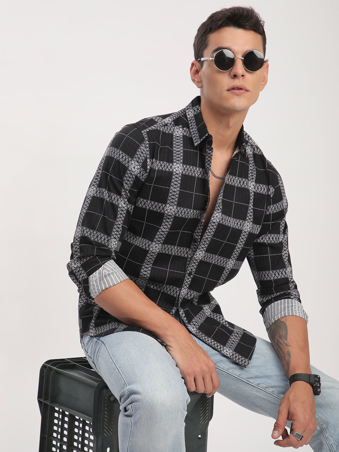 Ink Black Glyphs Grid Checks Shirt