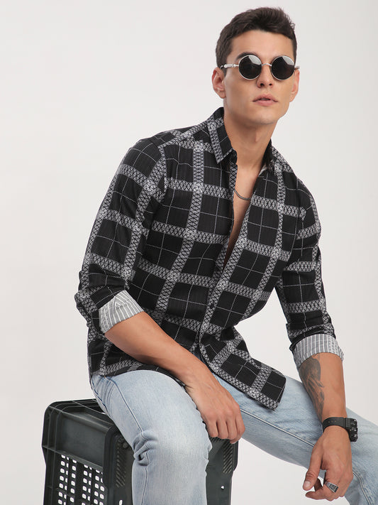 Ink Black Glyphs Grid Checks Shirt