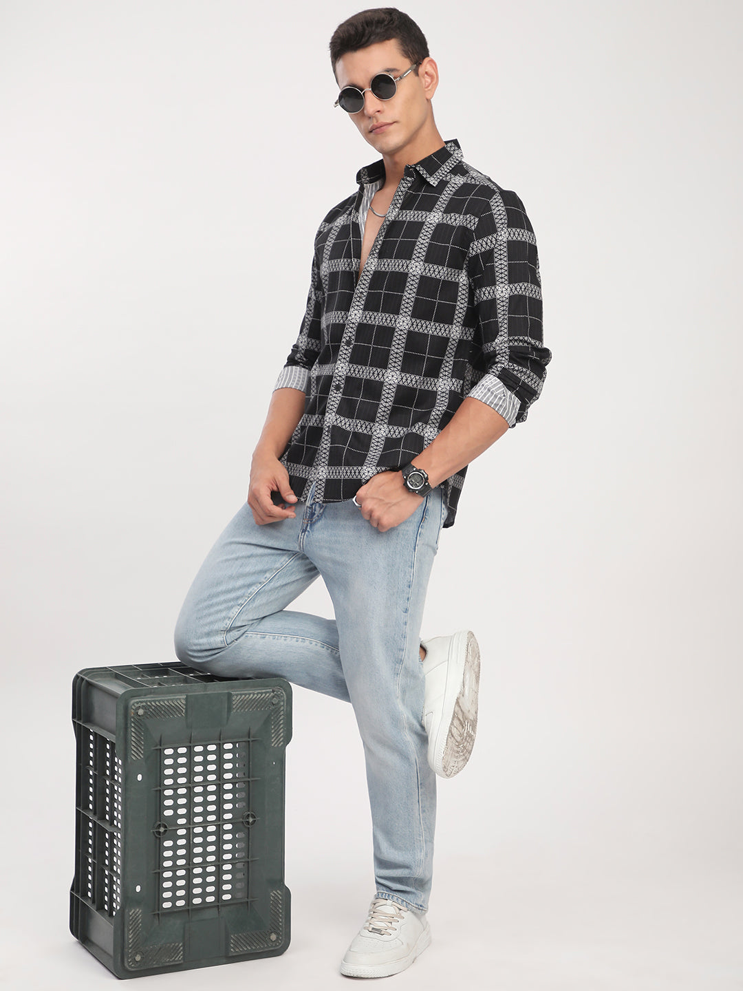 Ink Black Glyphs Grid Checks Shirt