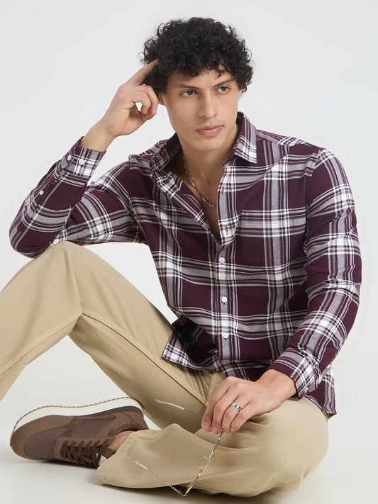 Premium Cotton Vintage Deep Wine Plaid Checks Shirt