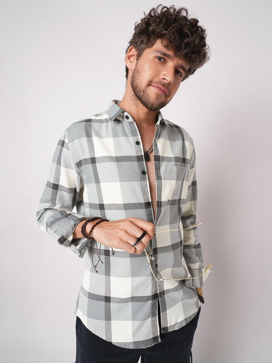 Premium Cotton White & Gradient Grey Minimalist Checks Shirt
