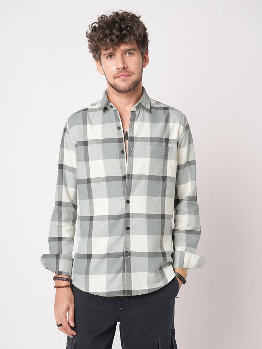 Premium Cotton White & Gradient Grey Minimalist Checks Shirt