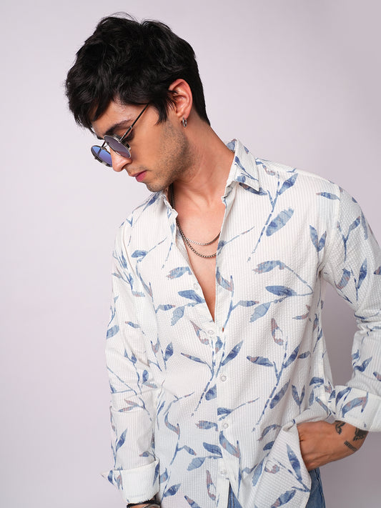 White Arctic Bloom Leaf Printed Seersucker Shirt