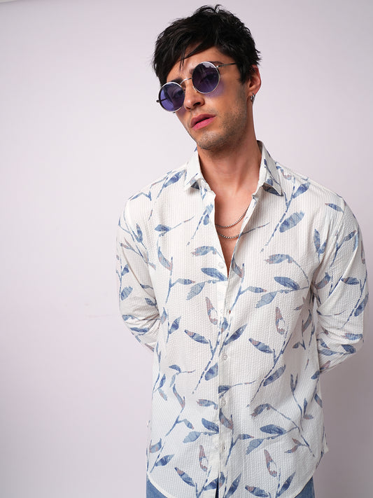 White Arctic Bloom Leaf Printed Seersucker Shirt