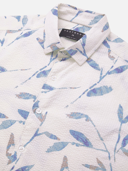 White Arctic Bloom Leaf Printed Seersucker Shirt