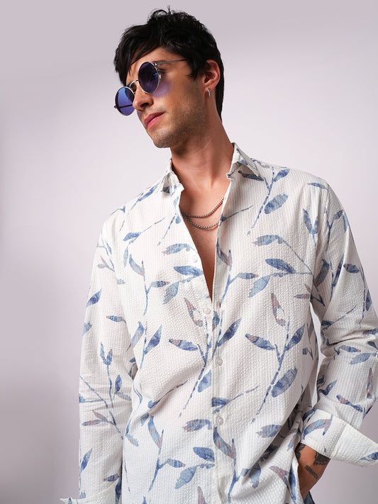 White Arctic Bloom Leaf Printed Seersucker Shirt