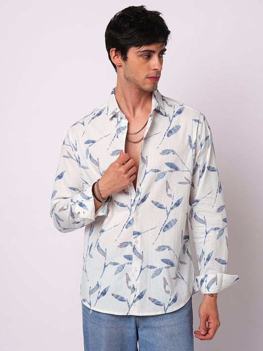 White Arctic Bloom Leaf Printed Seersucker Shirt