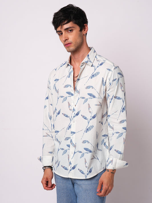 White Arctic Bloom Leaf Printed Seersucker Shirt