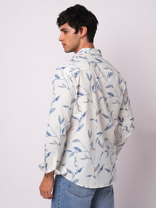 White Arctic Bloom Leaf Printed Seersucker Shirt