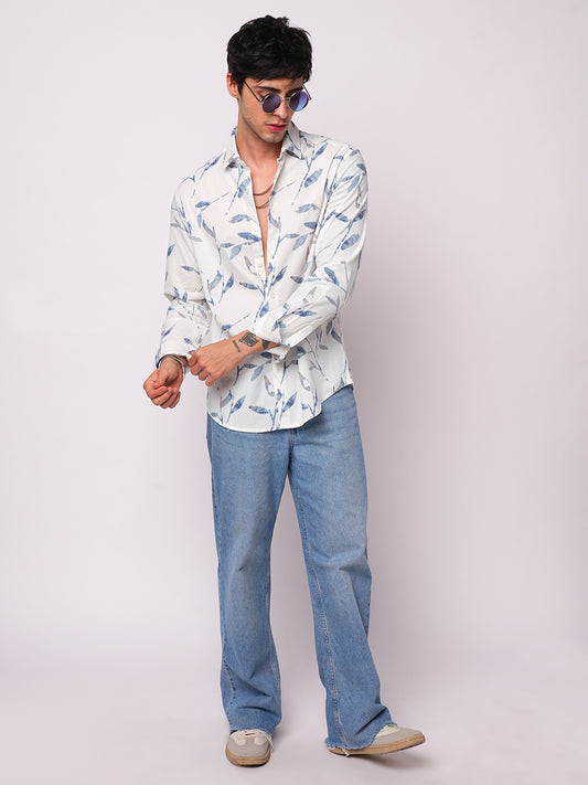 White Arctic Bloom Leaf Printed Seersucker Shirt
