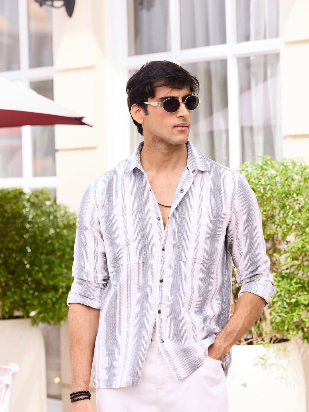 Contrast Echo Grey Stripescape Double Pocket Shirt