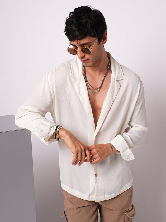 Pure White Hue Crinkled Lapel Collar Oversized Shirt